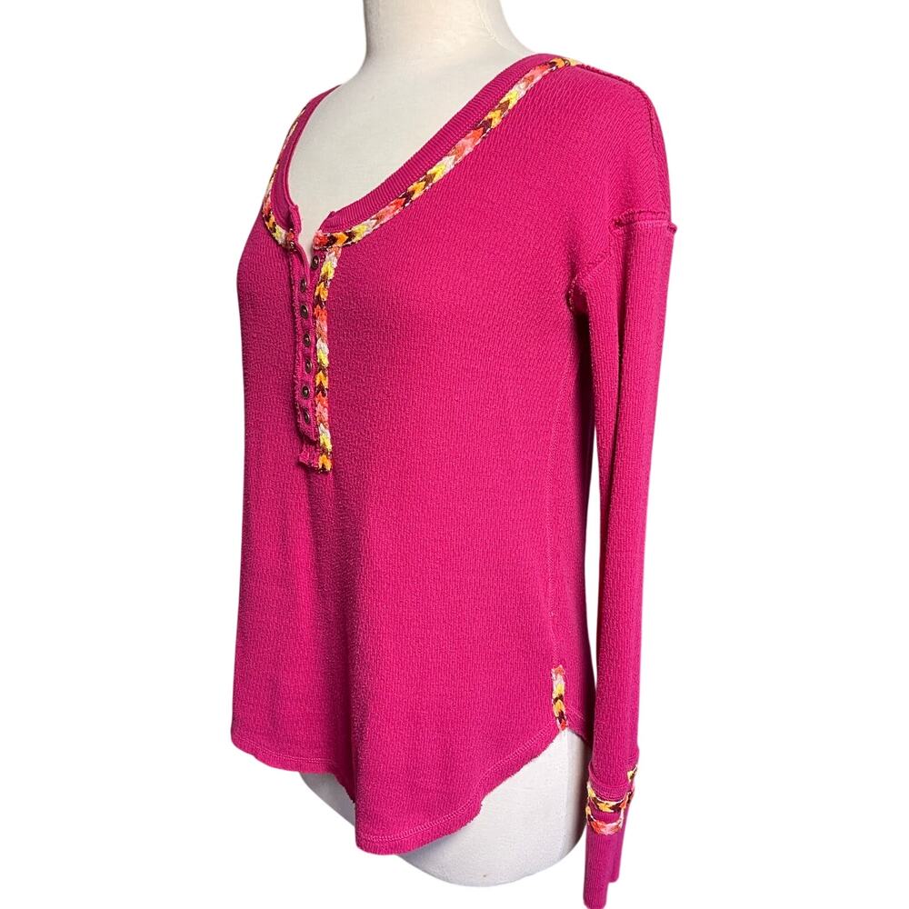 FREE PEOPLE x WE THE FREE Pink Waffle Knit Rainbow Embroidered Top - Picture 4 of 5